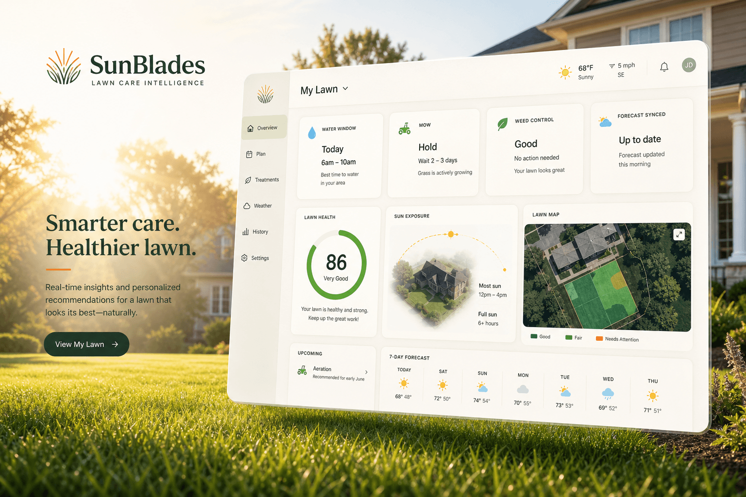 SunBlades command dashboard floating over a sunny lawn