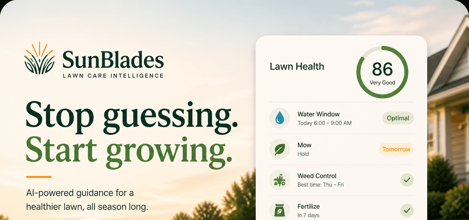 SunBlades hero graphic showing a lawn intelligence plan over a sunrise lawn