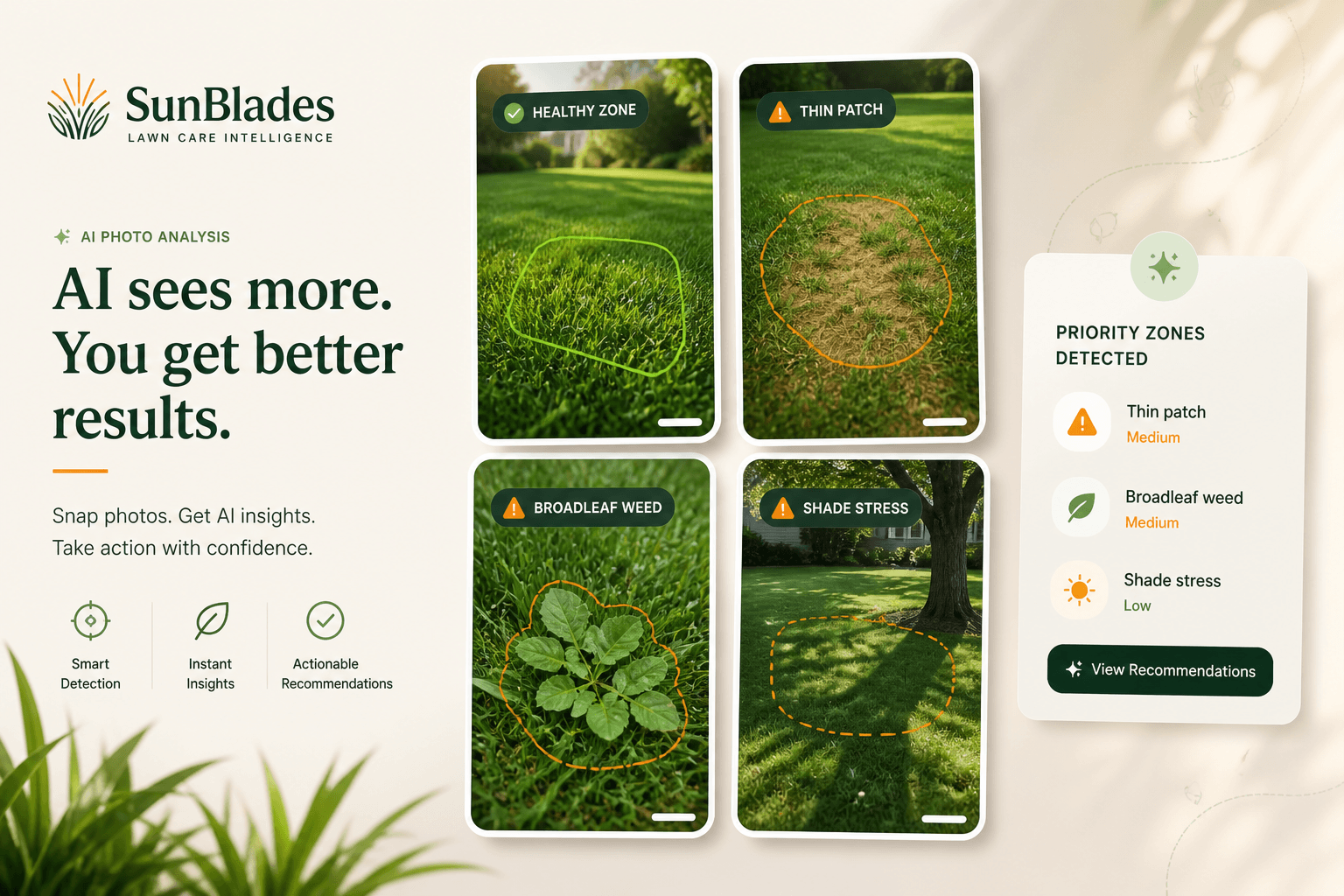 AI lawn photo analysis cards identifying weeds, thin patches, shade stress, and healthy turf