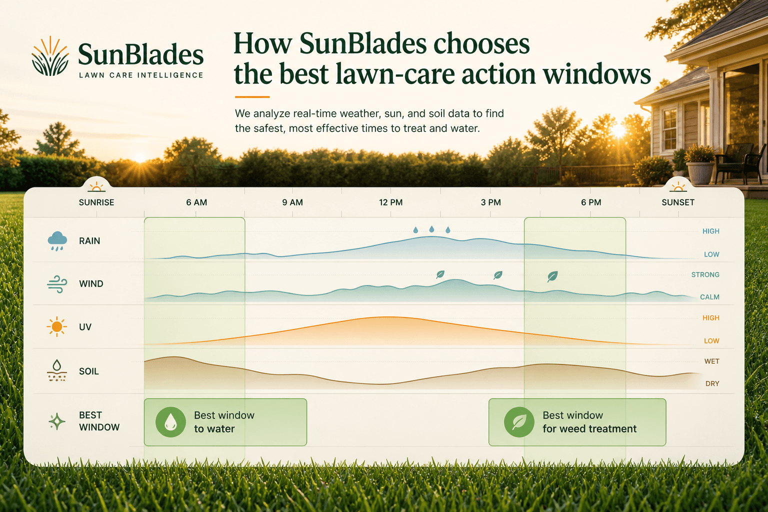 Weather and sun exposure timeline showing best lawn care action windows